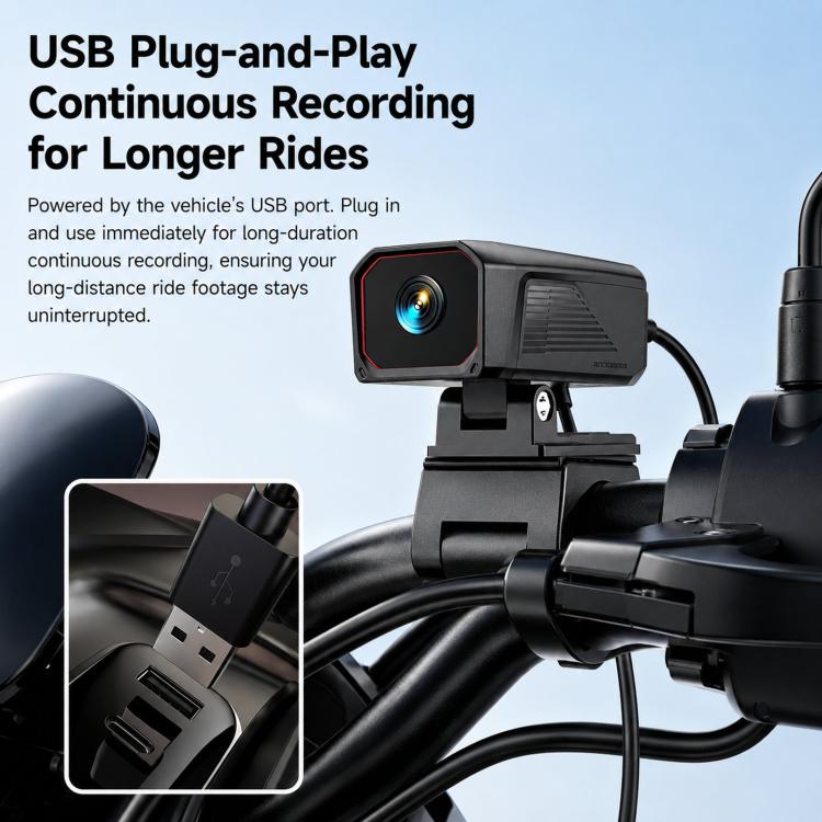 Water-resistant dash cam mounted on handlebar with front lens and USB cable