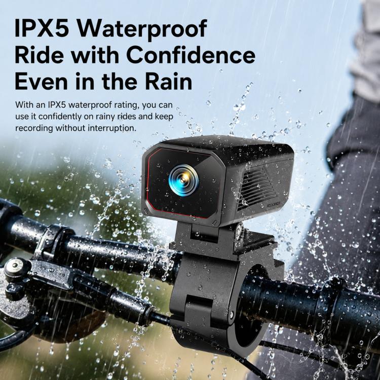 Weatherproof dash cam with front lens, mounted on handlebar in rain