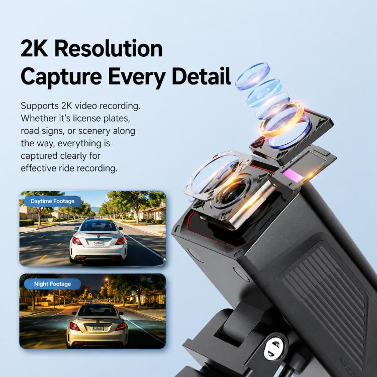 2K dash cam device with front lens, angled view showing black mounting bracket