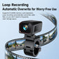 Dash cam with front lens mounted on bracket beside looping film-style images