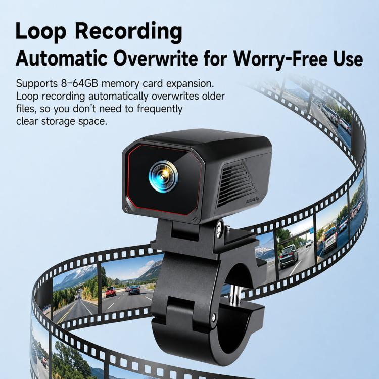 Dash cam with front lens mounted on bracket beside looping film-style images