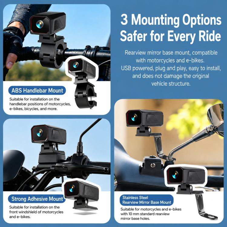 Dash cam with multiple mounting options shown on handlebar and mirror mounts