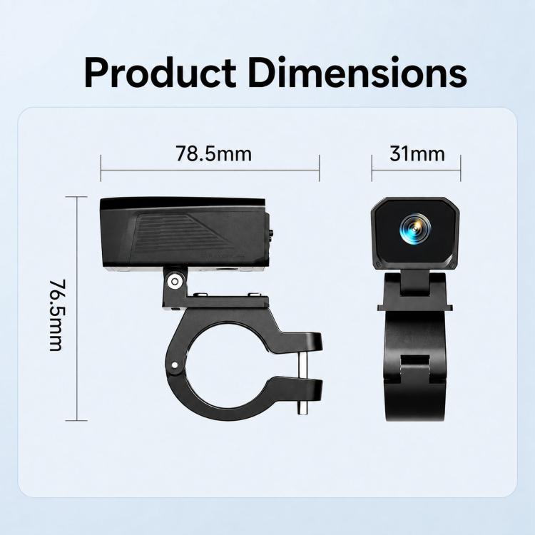 Dash cam product dimensions diagram with front and side views and mounting