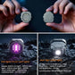 Mini keychain flashlight shown from two sides, with round LED panel and metal body