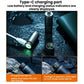 Mini flashlight with Type-C charging port and connected USB-C cable on dark surface