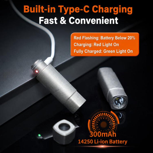 Mini rechargeable flashlight with Type-C charging cable, compact dark silver body