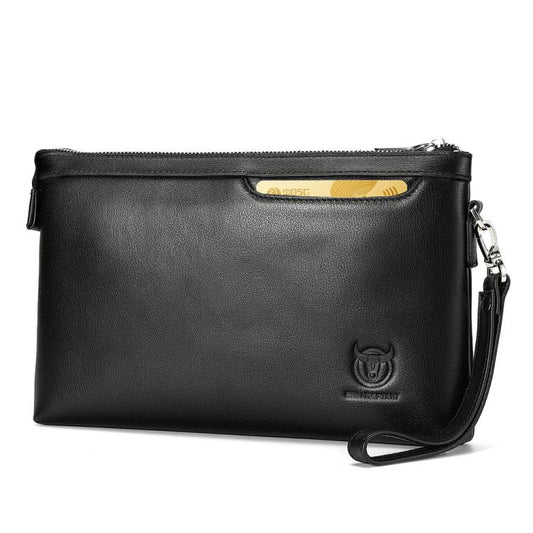 Black leather wristlet clutch bag with wrist strap and gold-tone zipper pull.