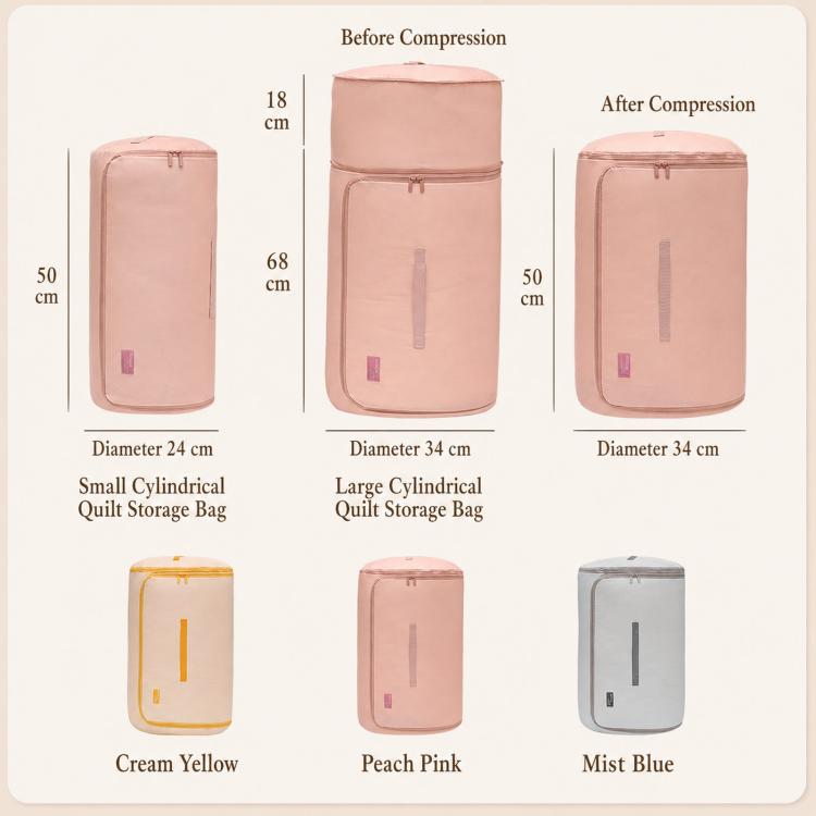Cylindrical quilt storage bags in cream yellow, peach pink, and mist blue, compressed