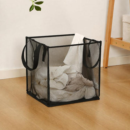 Collapsible black mesh laundry hamper basket with side handles, open top