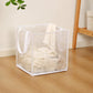Collapsible white mesh laundry hamper basket with side handles, open top