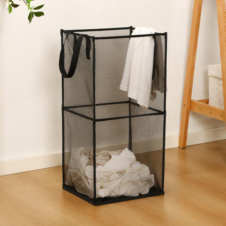 Collapsible black double-layer mesh laundry hamper basket with side handles