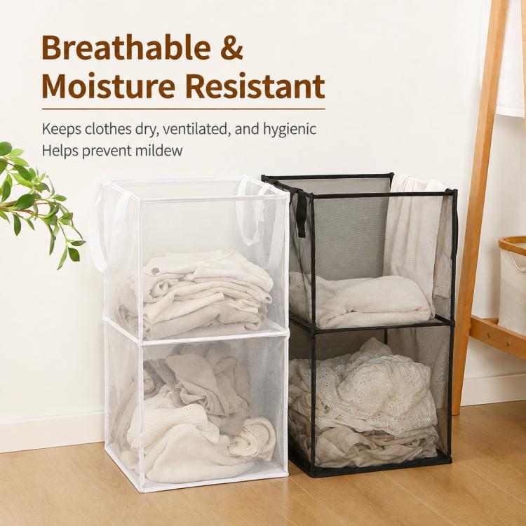 Collapsible mesh laundry hamper baskets with handles in white and gray