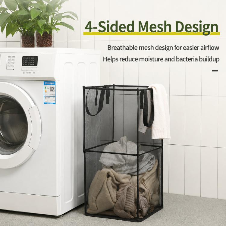Collapsible black double-layer mesh laundry hamper basket with side handles