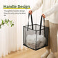 Collapsible black mesh laundry hamper basket with side handles and folded clothes