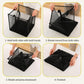 Collapsible black mesh laundry hamper with side handles, shown folded and opened