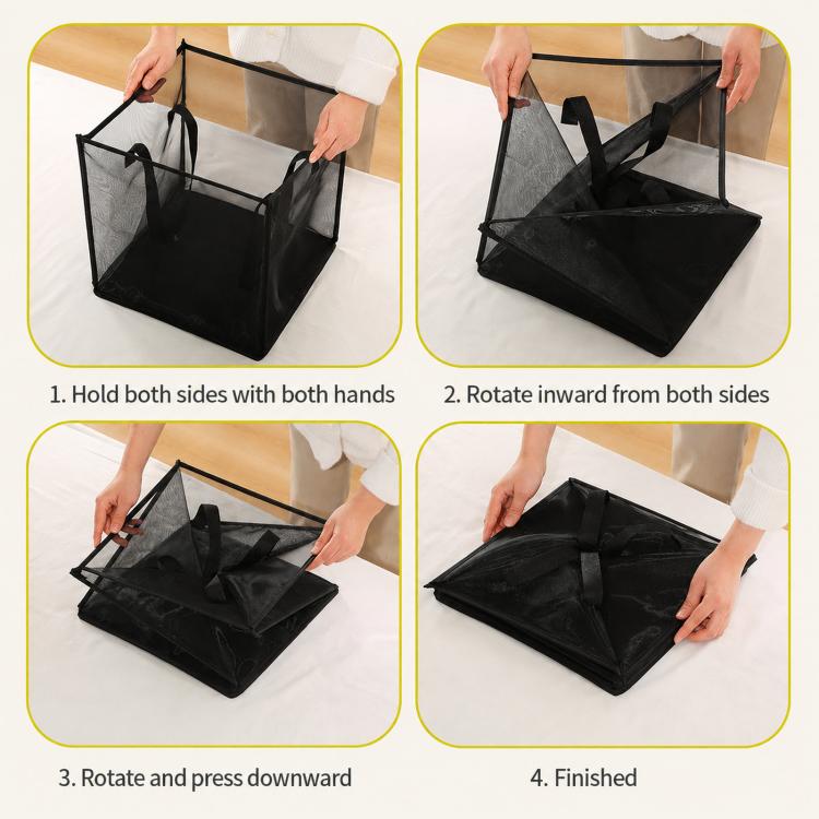 Collapsible black mesh laundry hamper with side handles, shown folded and opened