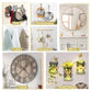 Wall display collage of home decor items like mirror, clock, and potted plants