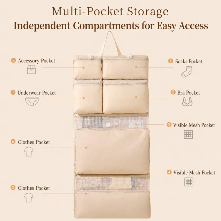 Beige hanging clothes organizer bag with multi-pocket compartments for socks and accessories