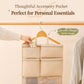 Foldable hanging travel organizer bag in beige with multiple packing compartments