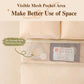 Beige organizer bag with see-through mesh pocket area for small items