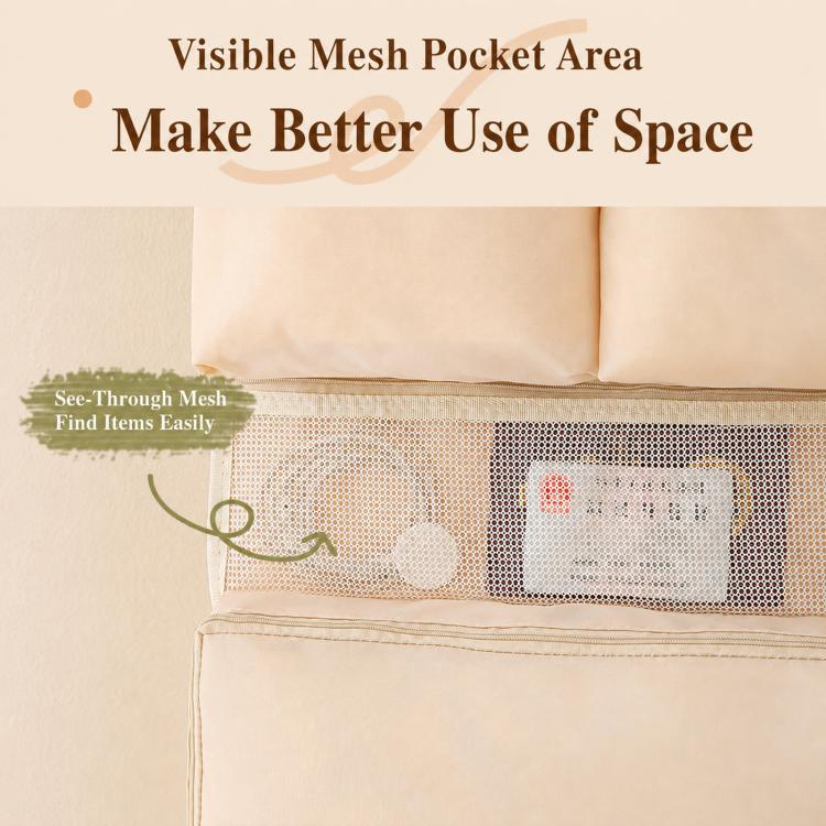 Beige organizer bag with see-through mesh pocket area for small items