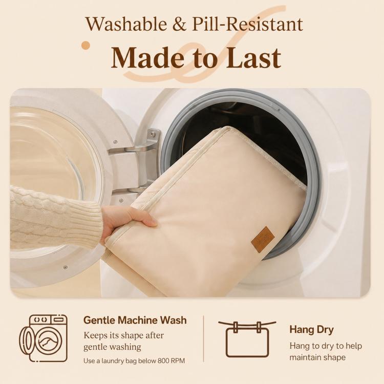 Beige hanging travel organizer bag shown near a washing machine for cleaning
