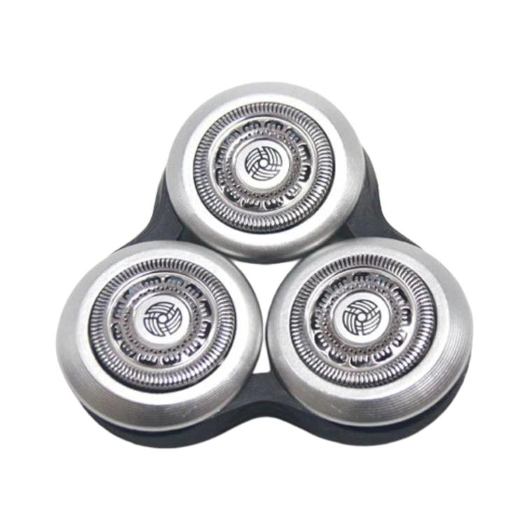 Three circular electric shaver foil heads in silver with black frame