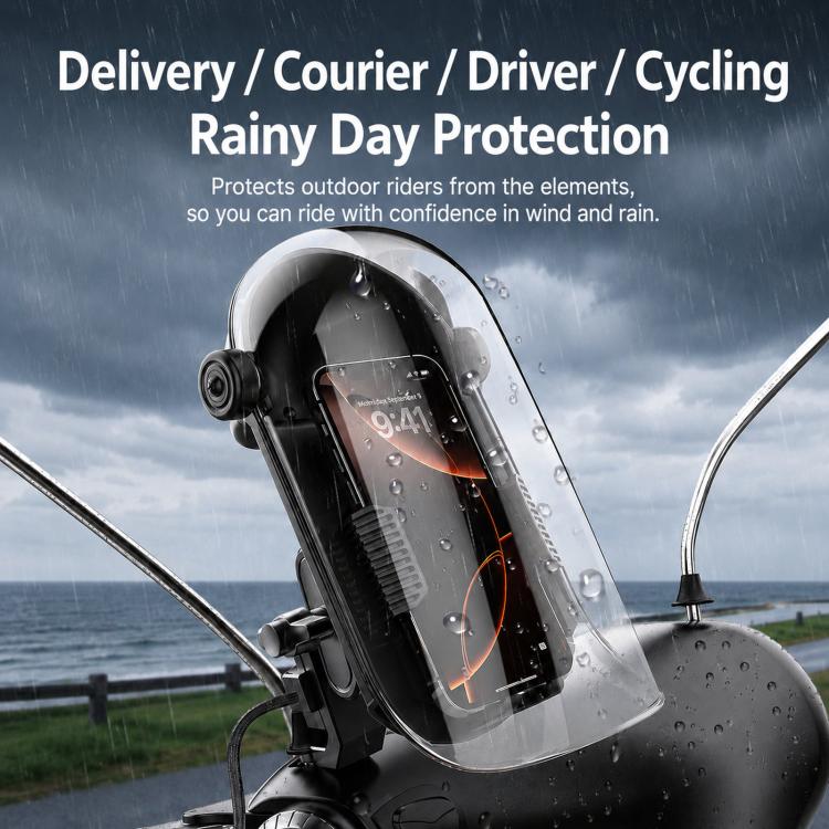 Motorcycle phone mount with clear rain-protecting sunshade cover over a phone