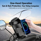Phone mount with clear sun and rain protection cover, hand holding phone in cradle