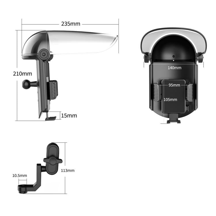 Phone mount with sunshade rain cover, adjustable clamp; dimension diagram