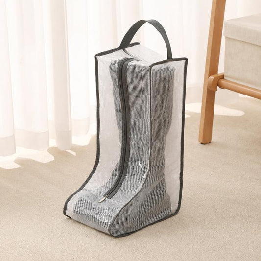 Tall clear boot storage bag with gray mesh panels, black edging, handle, and zipper