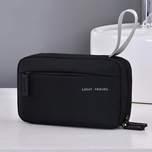 Black rectangular toiletry organizer pouch with zip closure and top handle loop