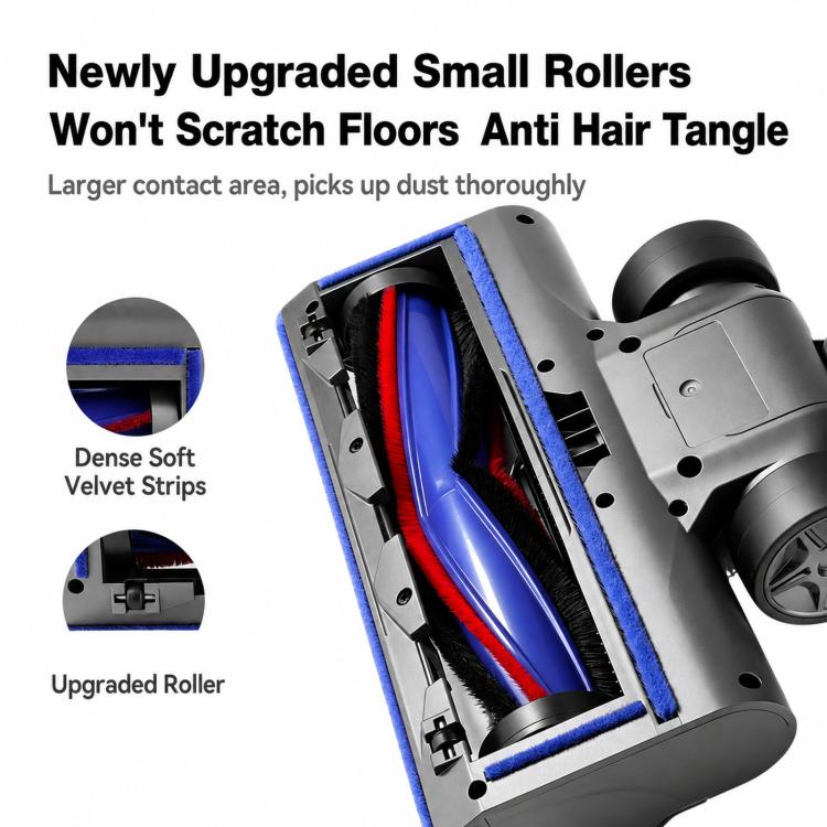 Motorized roller brush head with blue-edged brush strip and red bristles