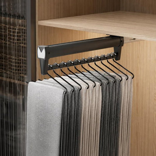 Black pull-out closet rod hanger rail with S-shaped hooks and hanging scarves