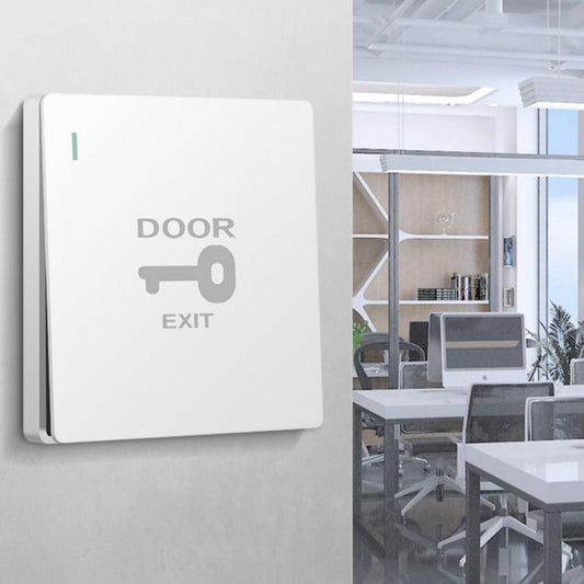 White door exit access control switch panel with green indicator light and door-exit icon