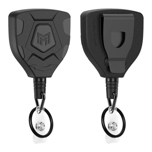 Black retractable badge reel with belt clip and round key ring, ID strap