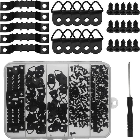 Picture frame hanging kit: black sawtooth hangers, D-rings, screws, and screwdriver