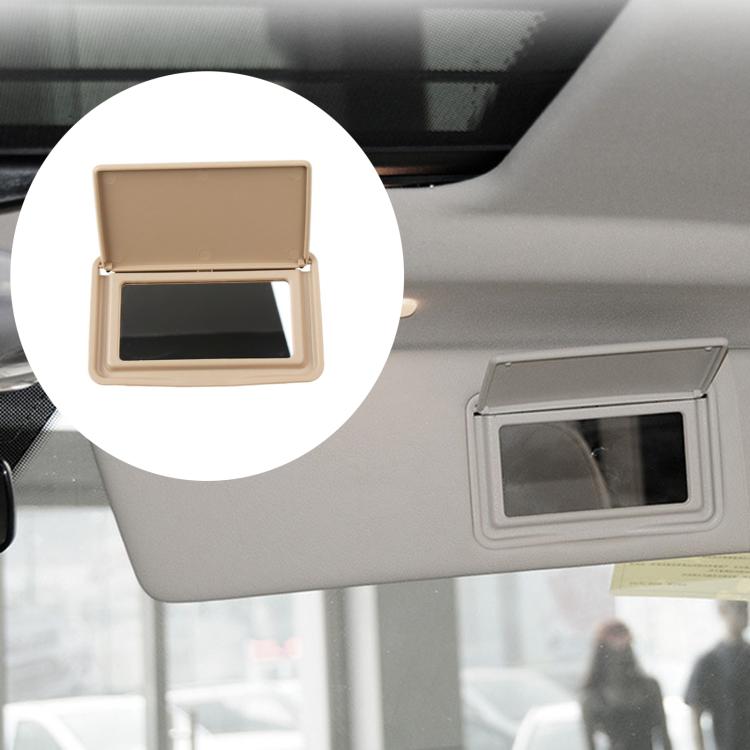 Beige sun visor vanity mirror with open lid and black mirror panel