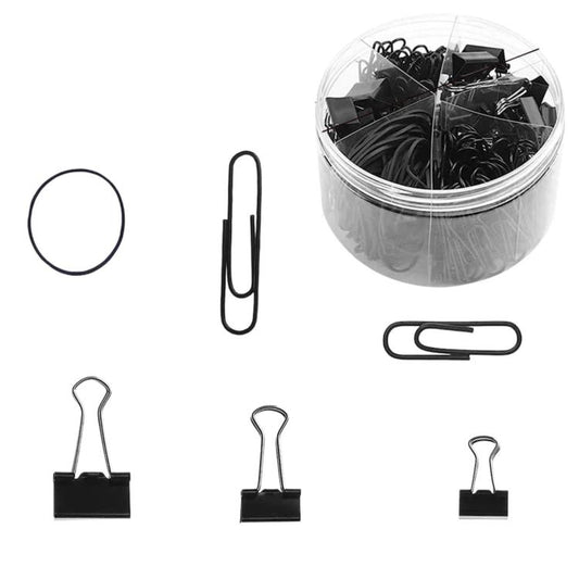 Black binder clips set in clear jar, assorted metal clips for documents