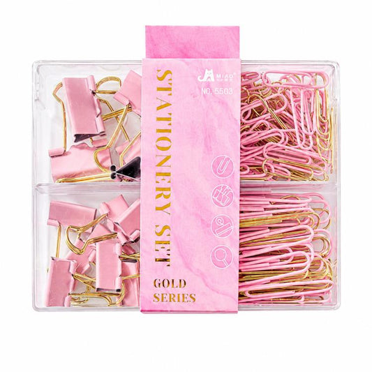 Cherry blossom pink and gold binder and paper clips in clear storage case