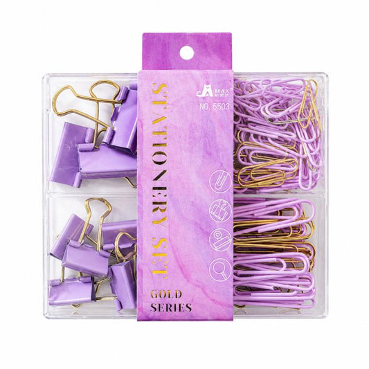 Lavender purple and gold binder and paper clips in clear storage case
