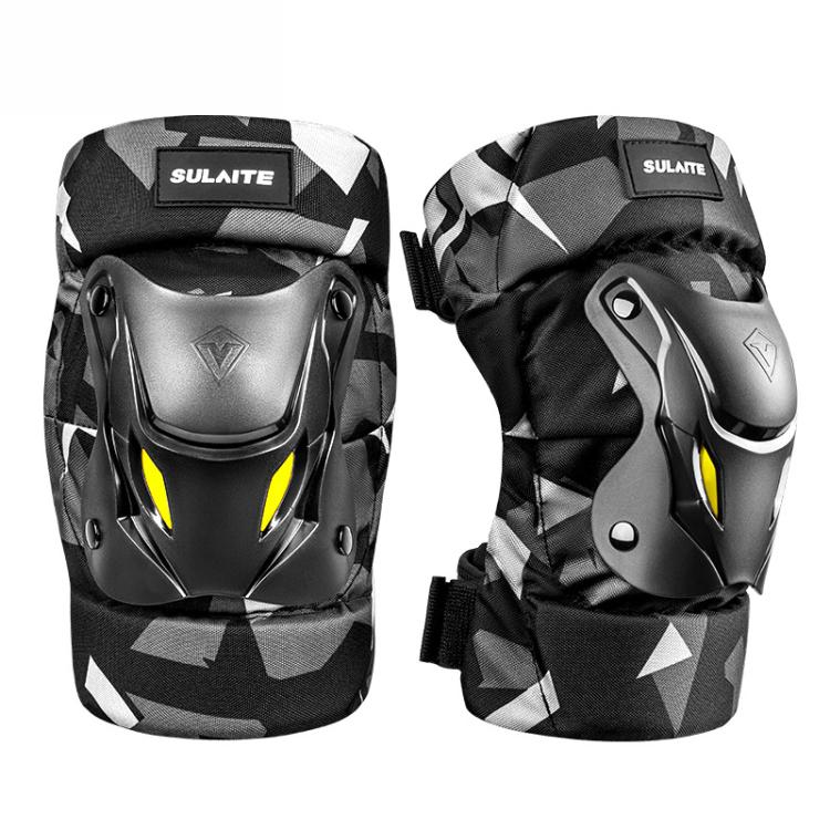 Motorcycle elbow and knee pads set in black/gray camo with SULAITE logos and yellow accents