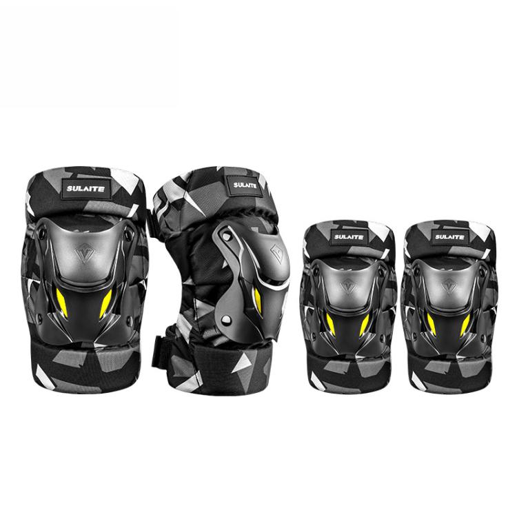 Motorcycle knee and elbow pads set, black/gray camo pattern with SULAITE logos and yellow accents