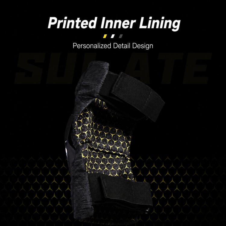 Protective pad inner lining, black fabric with honeycomb pattern and yellow detail