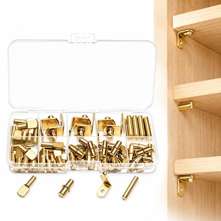 Gold shelf peg kit with assorted support pins and brackets in a storage box