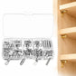 Silver shelf peg kit with assorted support pins and brackets in a storage box