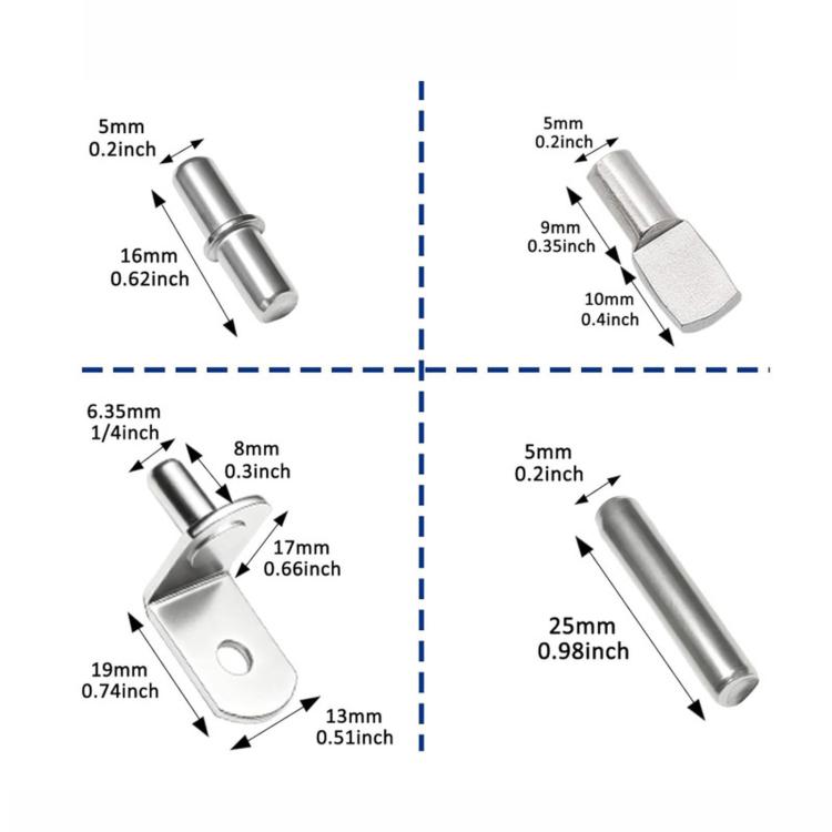 Shelf support pin and bracket size diagram with measurements and dimensions