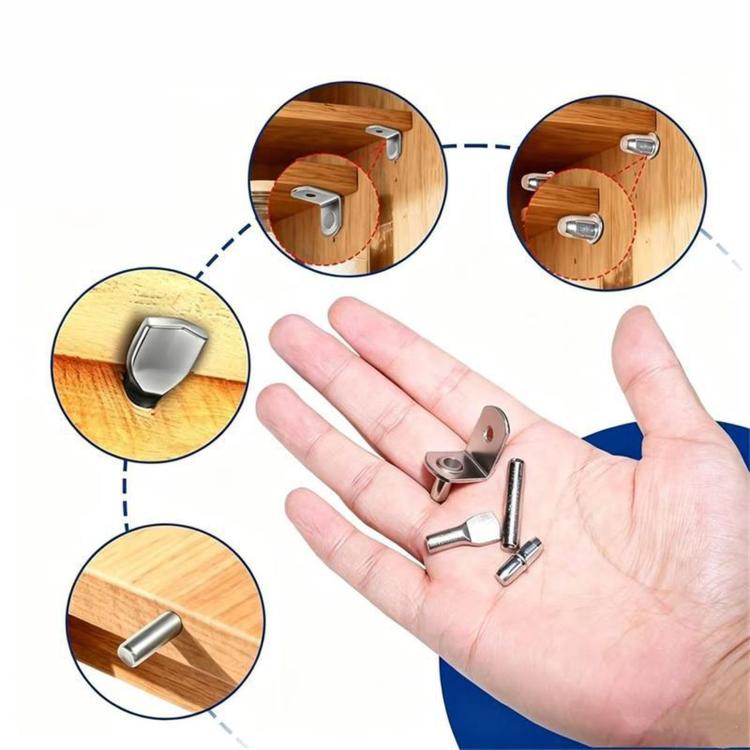 Shelf peg and bracket set shown on a hand for scale
