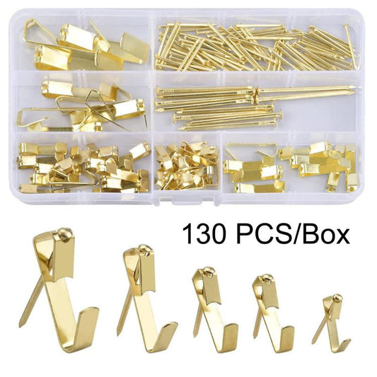 Gold picture hanging hook and nail set in clear box, 130 pieces