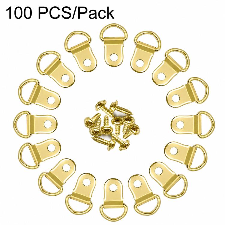 Gold single-hole D-ring picture hanger hooks with screws, 100 pcs pack